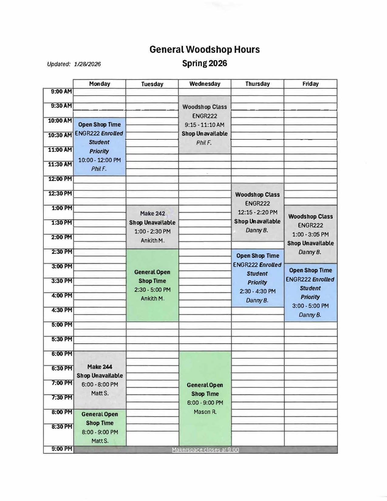 General Woodshop Hours